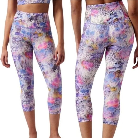 Athleta Elation Yoga Workout Floral Capri Leggings In Bloom Chrome Blue - Picture 1 of 11